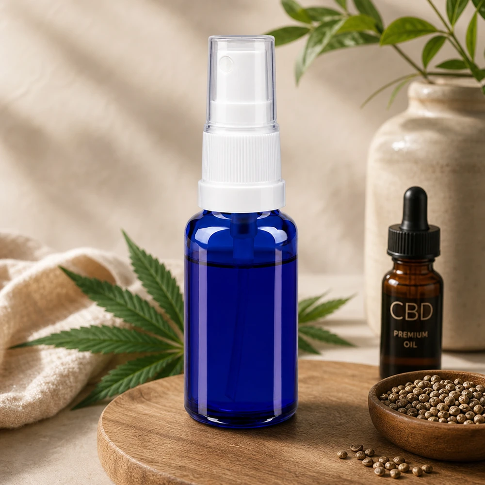 Flacon à pharmacie bleu 20ml embout spray blanc Flacon pulvérisateur de pharmacie bleu cobalt de 20 ml avec pompe, posé sur un plateau en bois avec des graines de chanvre