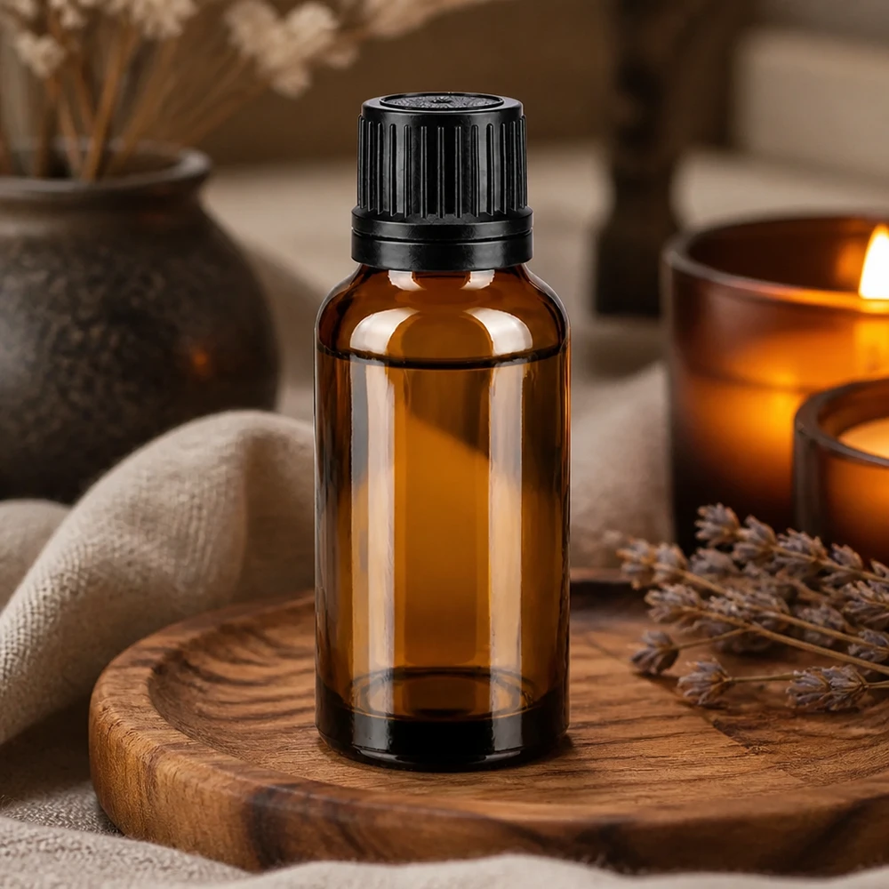 Flacon compte-gouttes marron de 20 ml avec un embout doseur précis de 1 mm pour les huiles essentielles et les teintures