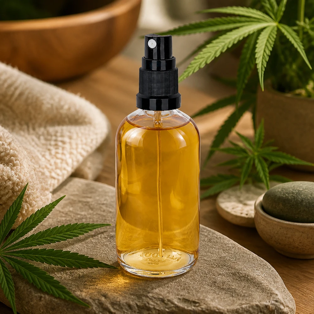 100ml vaporisateur noir/tr. STD ClearLine UT18/100 Flacon vaporisateur d'huile de CBD, 100 ml, en verre transparent, avec pompe noire et motif de plante de chanvre « Bien-être »