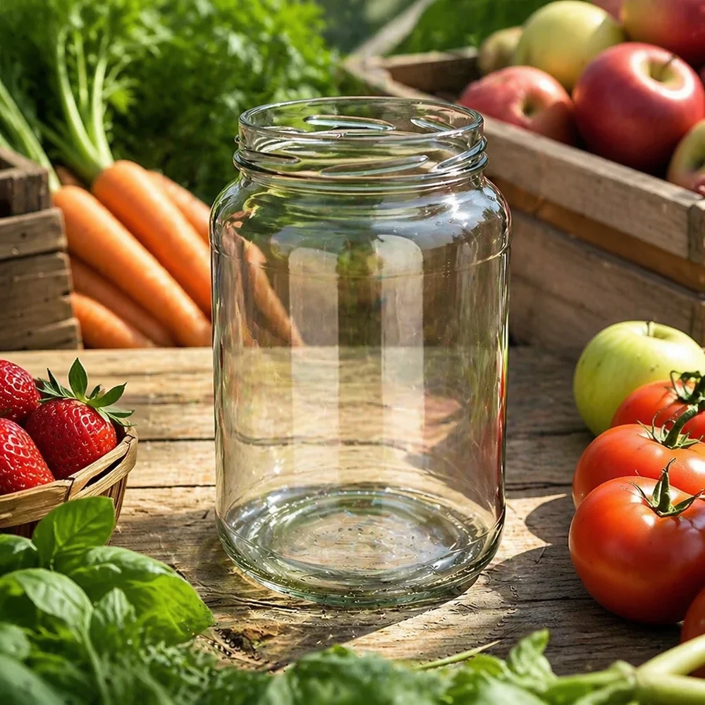 1700ml Verre rond sans couvercle (TO100) UNiTWIST UNiTWIST Runda1700 Pot renversé 1700ml TO100 vide entre légumes frais fruits table en bois Conserver naturellement