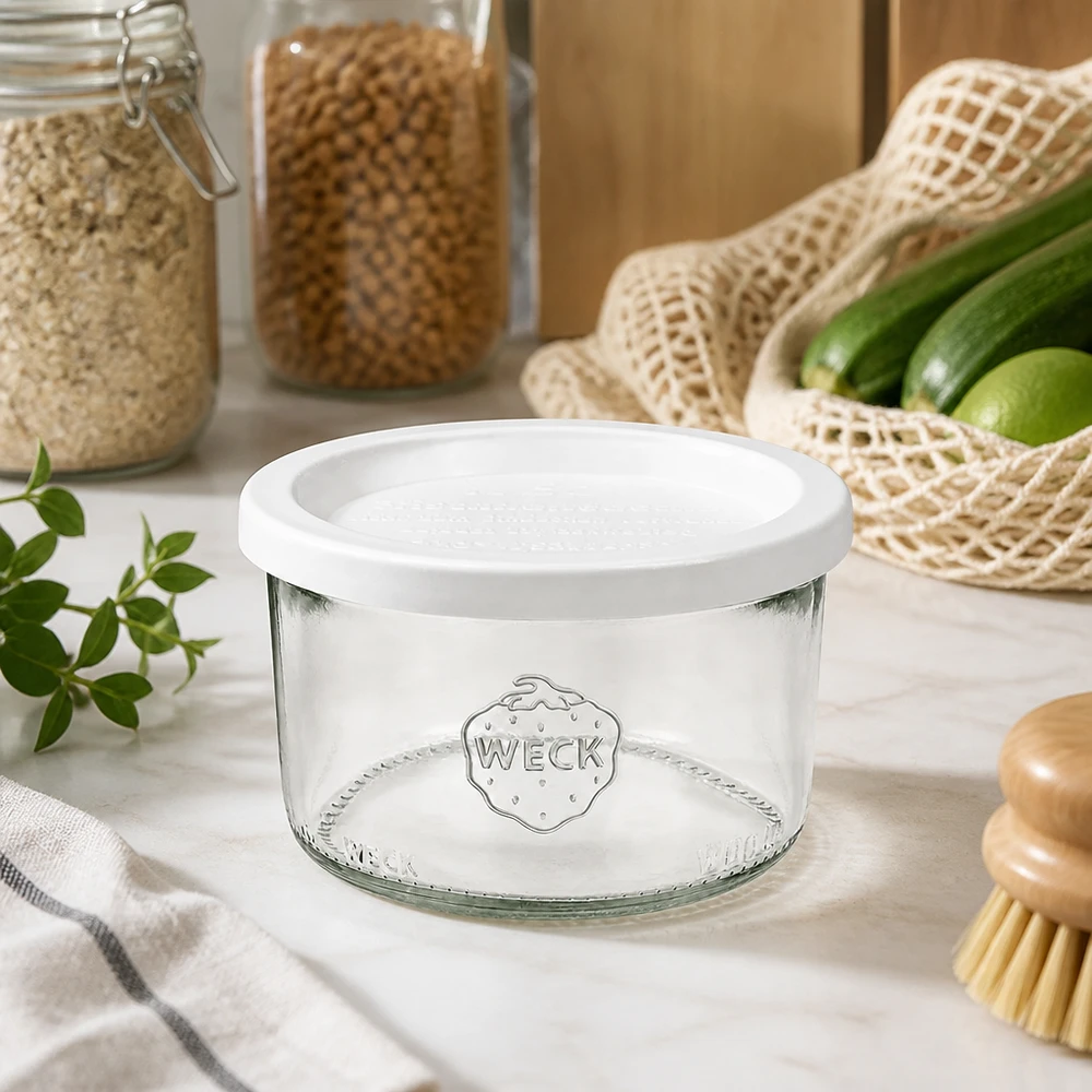 WECK Pot renversé 200ml RR80 avec couvercle fraîcheur blanc dans une cuisine durable avec des légumes bio et des ustensiles de stockage
