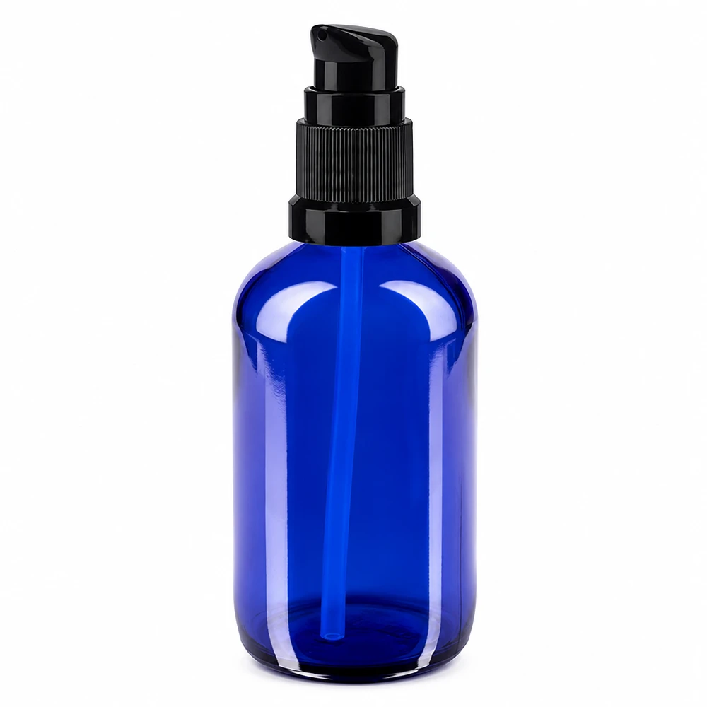 Flacon-pompe bleu de 100 ml STD ApoGlas avec pommeau noir – vue de profil