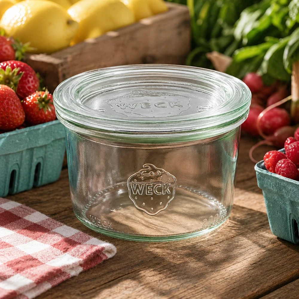 WECK Pot de conserve 200ml RR80 dans un environnement de cuisine naturel décoré avec des fruits et légumes frais