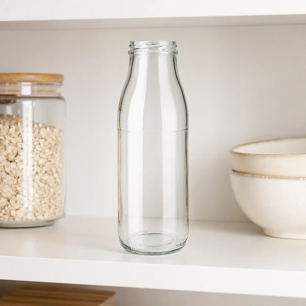 Bouteille en verre de 500 ml TO48 UNiTWIST sans couvercle sur une étagère de cuisine blanche à côté du bol à céréales et du bocal à provisions