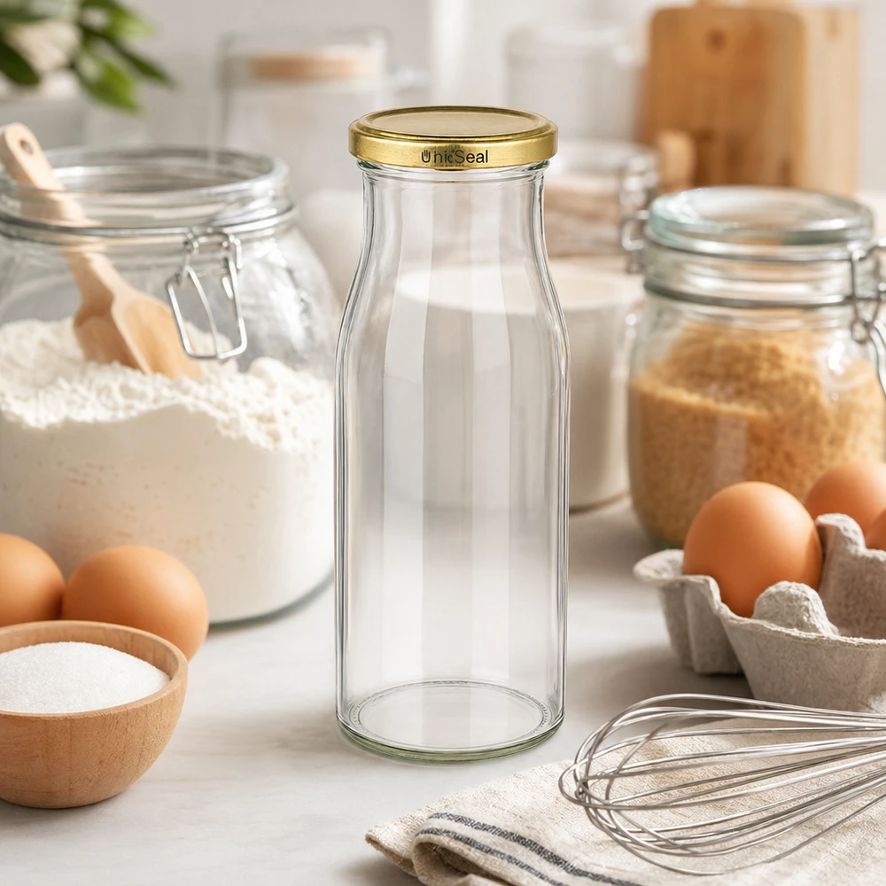 150ml Bouteille avec couvercle BioSeal or UNiTWIST UNiTWIST Bouteille en verre 150ml vide sur plan de travail de cuisine avec ingrédients de cuisson oeufs farine fouet couvercle doré