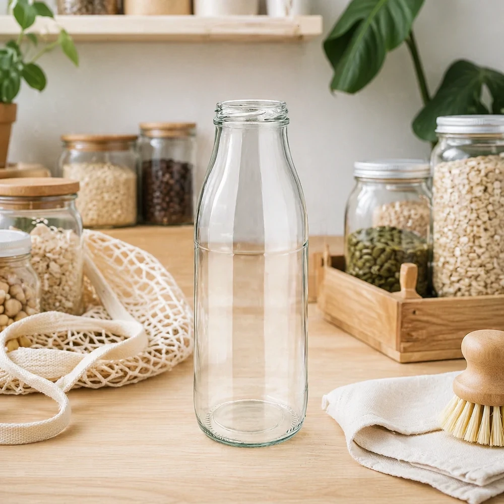 Bouteille en verre de 500ml TO48 UNiTWIST vide dans une cuisine durable zéro déchet avec des bocaux de stockage et des fibres naturelles