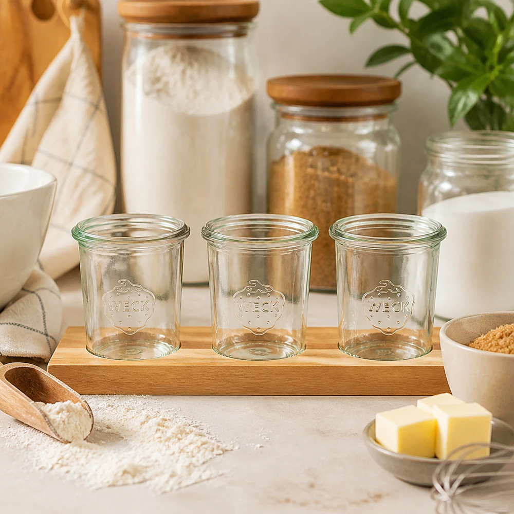 Plateau de service Plano3 avec 3 bocaux Weck de 160 ml Pots Weck 160ml vides sur planche à servir en bambou Plano3 dans Cuisine avec ingrédients farine et beurre