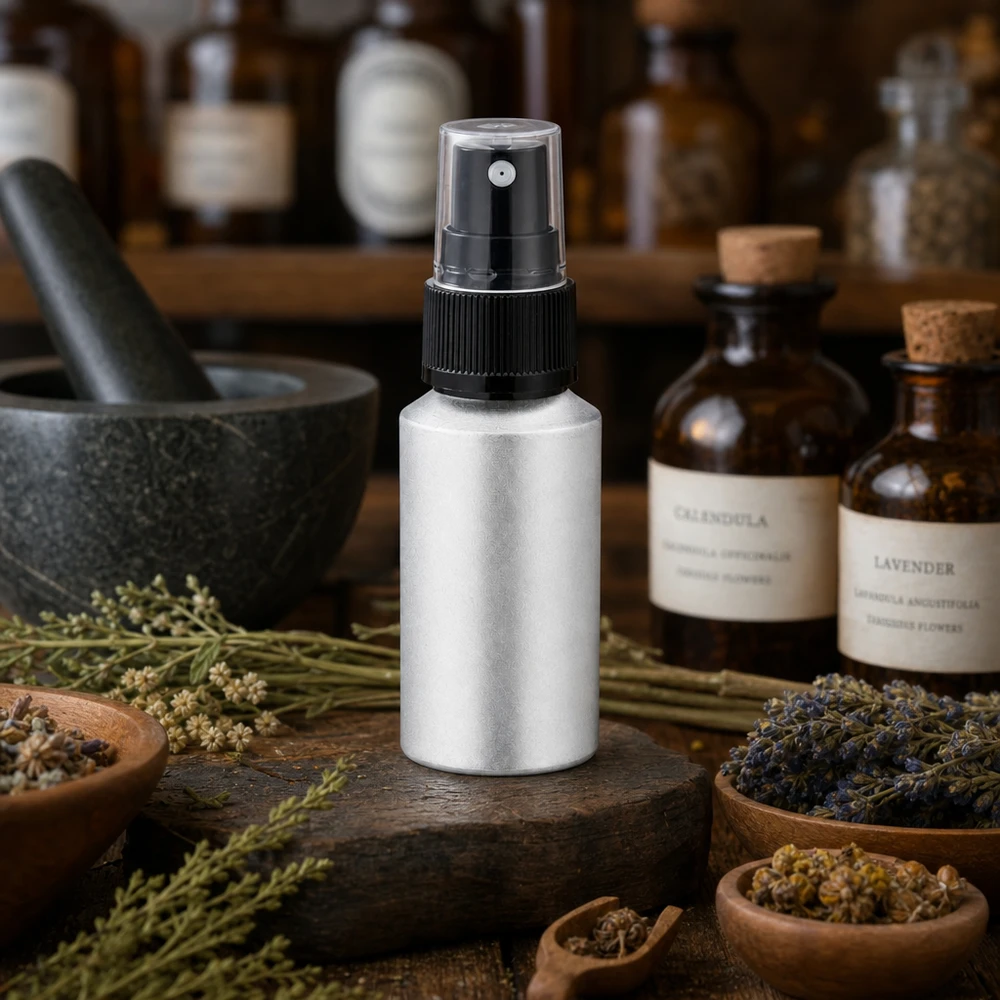 Bouteille en aluminium teinté 30 ml, avec vaporisateur à pompe noir Flacon en aluminium décapé de 30 ml avec système de pulvérisation précis pour un dosage ponctuel
