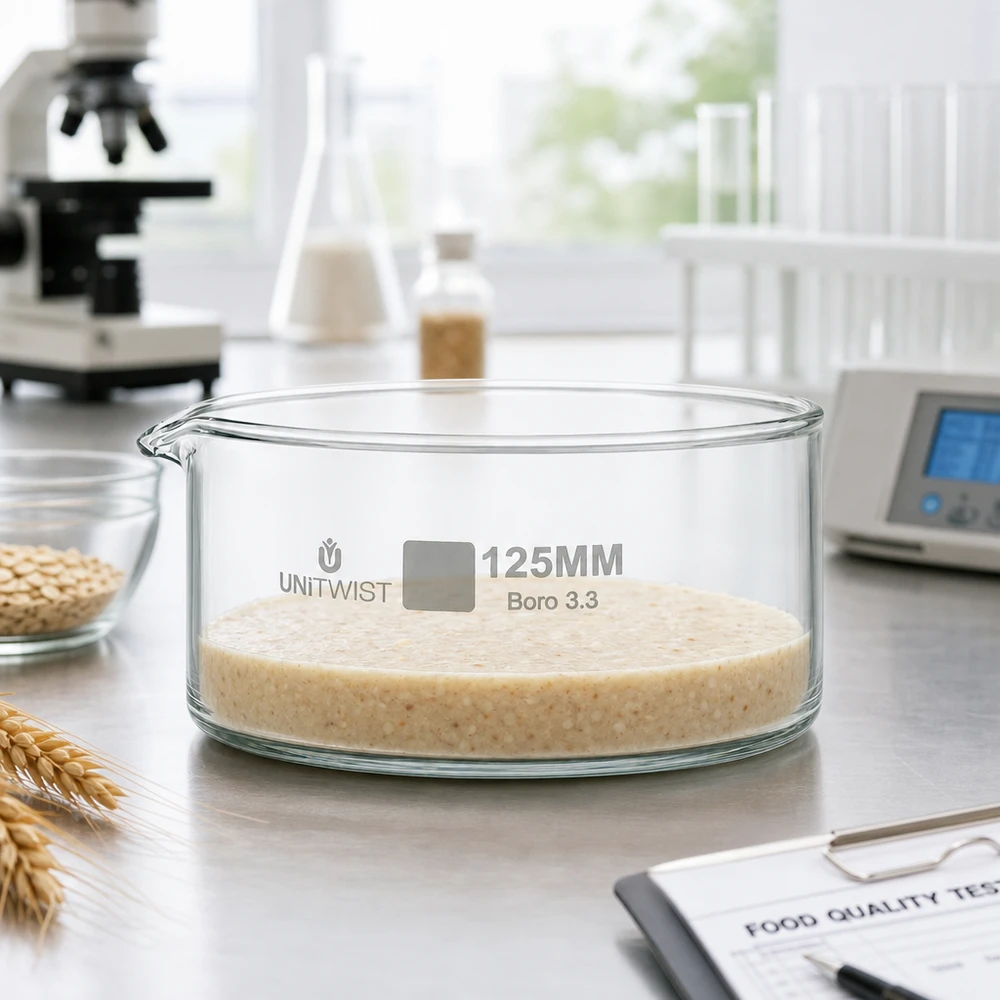 Cristallisoir ø125mm verre borosilicaté UNiTWIST Coupelle de cristallisation UNiTWIST 125 mm en verre borosilicaté pour l'analyse alimentaire d'échantillons granuleux, posée sur une table en acier inoxydable
