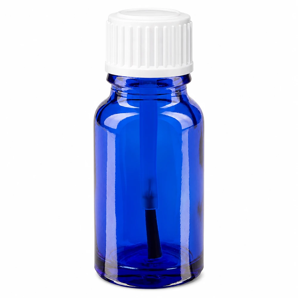 Petit flacon en verre bleu de 10 ml avec bouchon à vis blanc et pinceau intégré