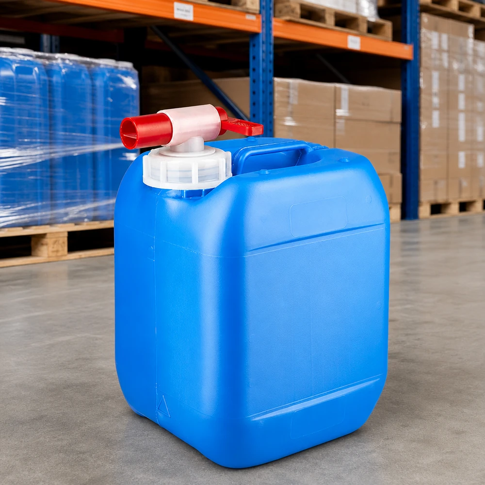 Bidon 5 litres bleu avec robinet Bidon d'eau bleu portable de 5 litres avec robinet et bouchon à vis blanc, posé sur un sol en béton