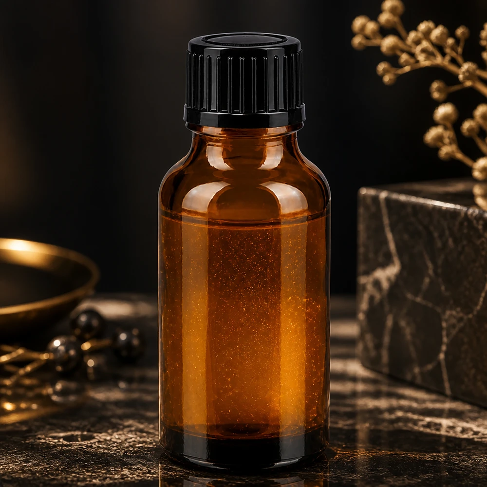 Flacon en verre ambré STD de 20 ml avec un bec verseur de 1 mm et un bouchon noir, sur fond de marbre foncé