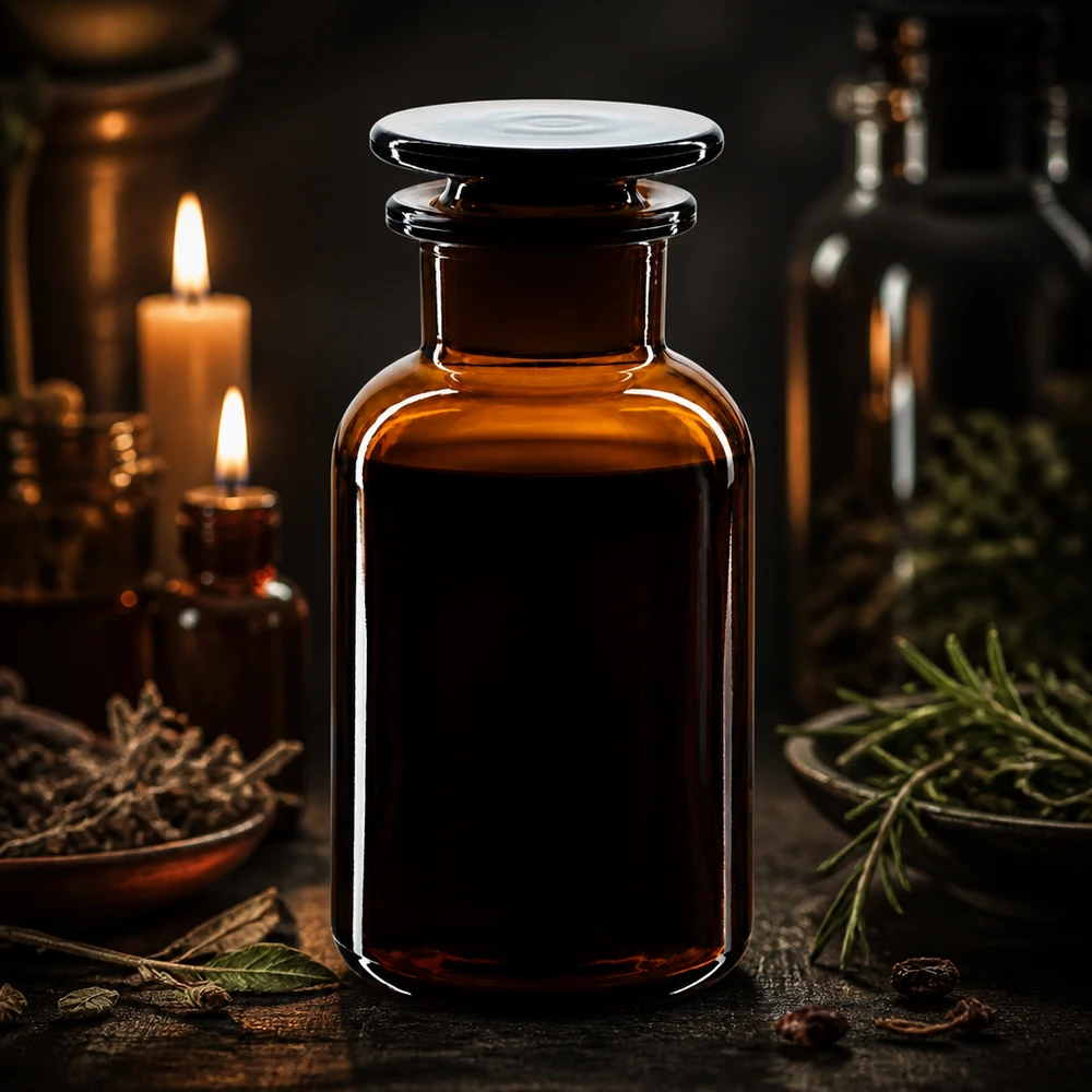 Flacon pharmaceutique 250 ml col large + bouchon en verre ambré Flacon à médicaments en verre ambré de 250 ml, à col large, avec bouchon en verre, ambiance sombre, herbes aromatiques
