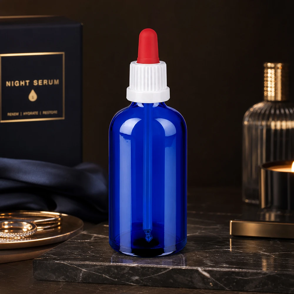 Flacon à pipette 100ml blanc/rouge OV BlueLine UT18/100 Bouteille de sérum cosmétique 100ml en verre borosilicaté de première qualité avec bouchon pipette étanche à l'air