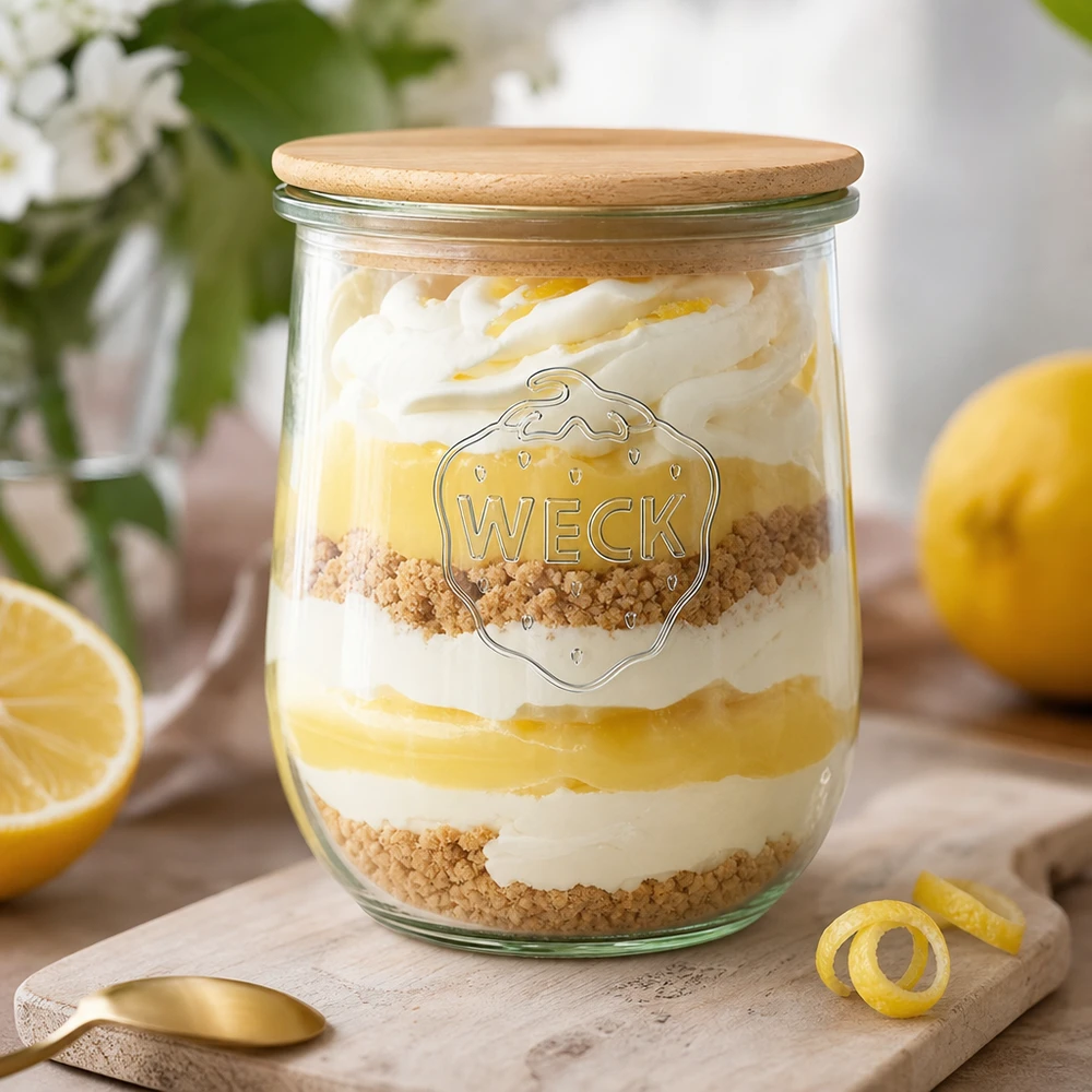 WECK RR100 Verre tulipe 1062ml avec couvercle en bois comme verre à dessert arrangé de manière décorative avec de la crème au citron et des vermicelles