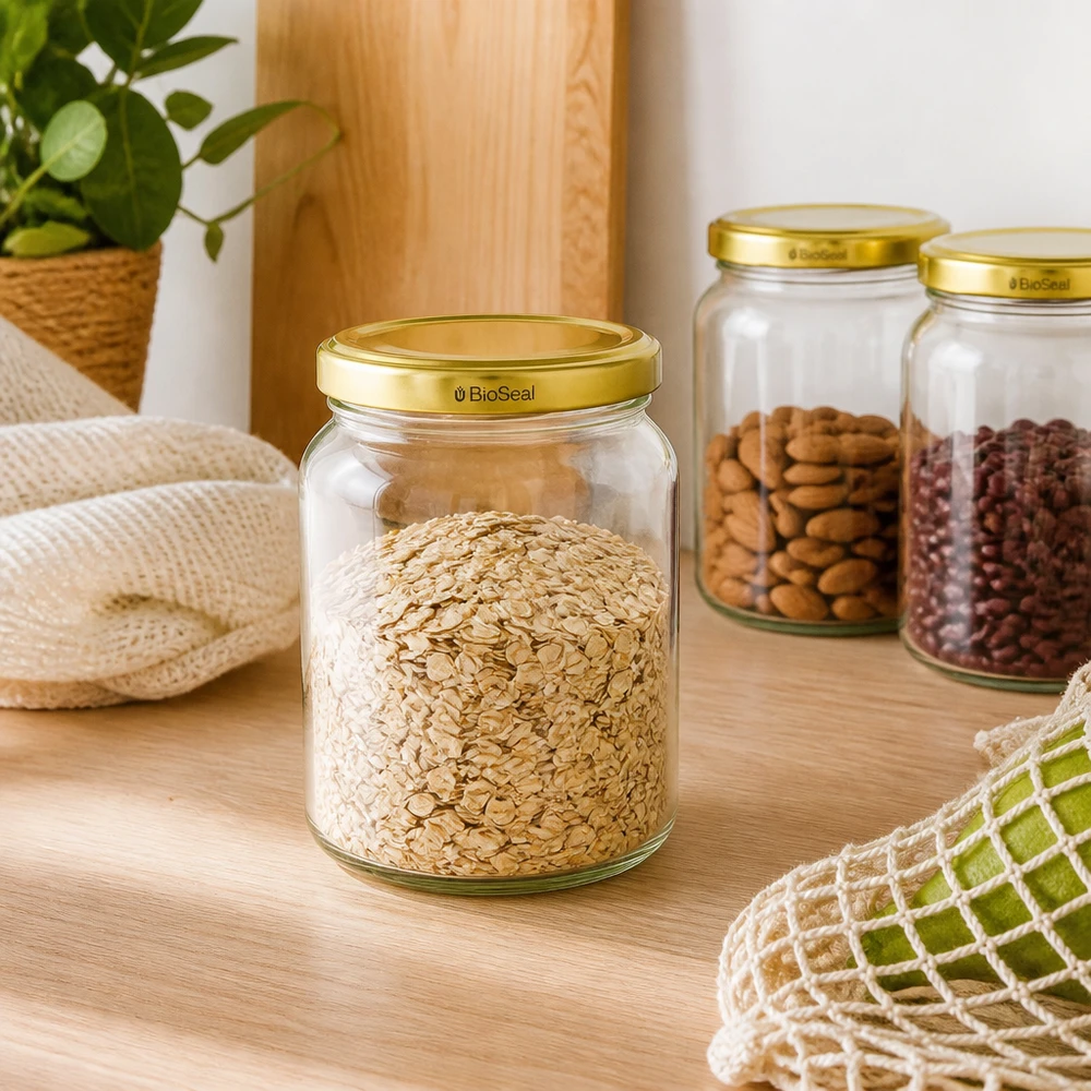 408ml Verre rond avec couvercle BioSeal or UNiTWIST UNiTWIST Runda408 Pots à provisions avec couvercles dorés BioSeal remplis de flocons d'avoine et de noix dans une cuisine durable