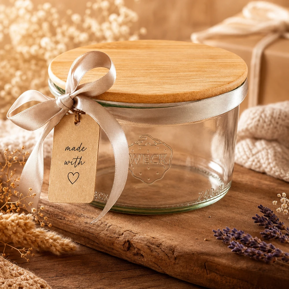 200ml bocal conique WECK RR80 avec couvercle en bois WECK Sturzglas 200ml RR80 mit Bambus-Holzdeckel als Geschenkidee mit Schleife und Anhänger in warmer Dekoszene