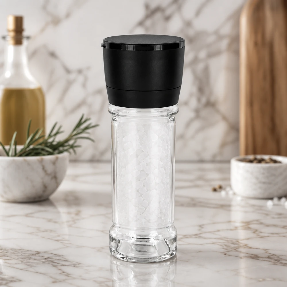 Pot à sel/épices 100 ml avec moulin Vario noir Verre à sel de 100 ml avec moulin noir Vario, posé sur un plateau en marbre blanc et rempli de gros sel marin