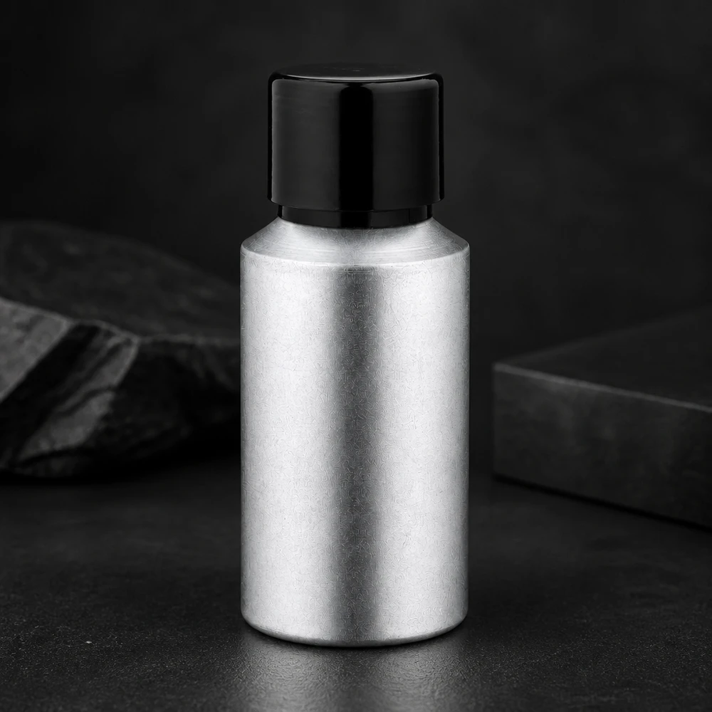 Bouteille en aluminium teinté 30 ml, avec bouchon à vis noir et joint conique Bouteille professionnelle de 30 ml en aluminium décapé avec bouchon noir anti-fuite