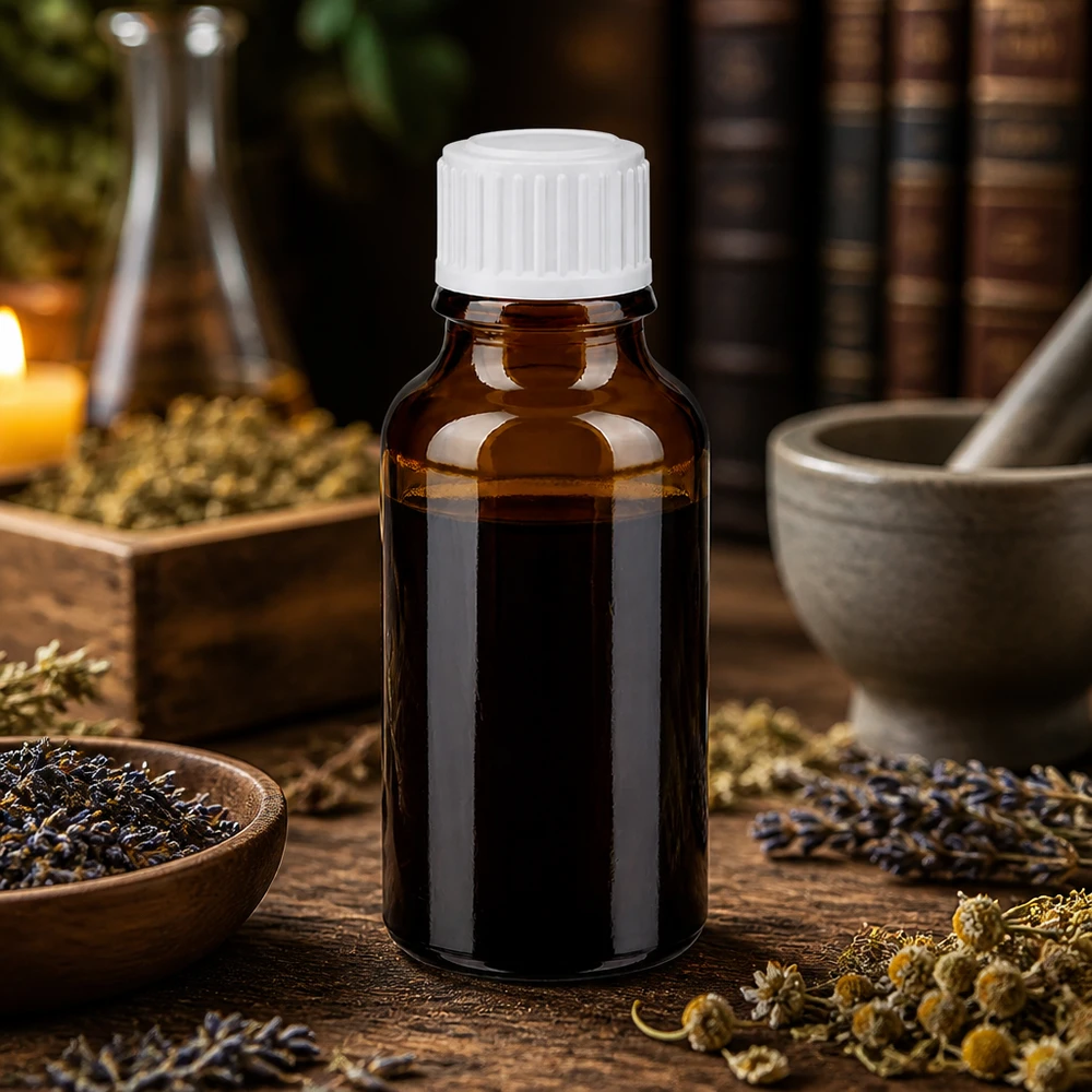 Flacon en verre pharmaceutique de 20 ml, en verre brun avec protection UV, muni d'un compte-gouttes de 0,9 mm, destiné aux extraits de plantes