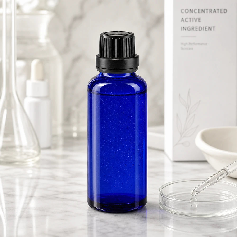 Flacon compte-gouttes bleu cobalt de 30 ml, ApoGlas, avec bouchon à vis noir, dans un environnement de laboratoire