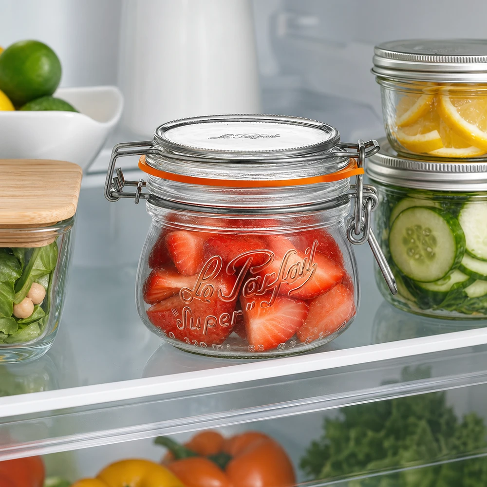 Bocal Le Parfait® 250 ml Ø70 mm conserve 250ml Le Parfait Super Pot à provisions avec fermeture à étrier rempli de fraises dans le réfrigérateur à côté d'autres bocaux