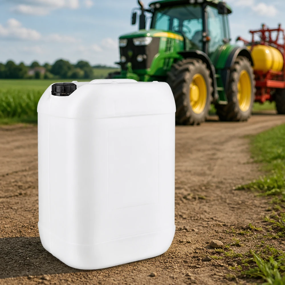 Bidon de 25 litres muni d'un bouchon OV, placé à l'avant d'un tracteur sur un chemin de campagne, destiné à des applications agricoles