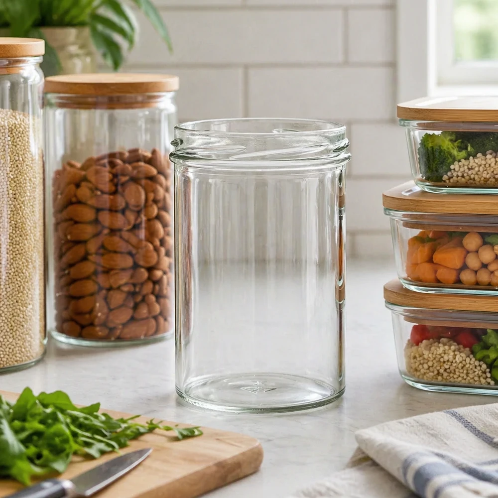 Bocal vide de 435 ml dans une cuisine moderne entre des bocaux de conservation remplis de noix et de légumes secs