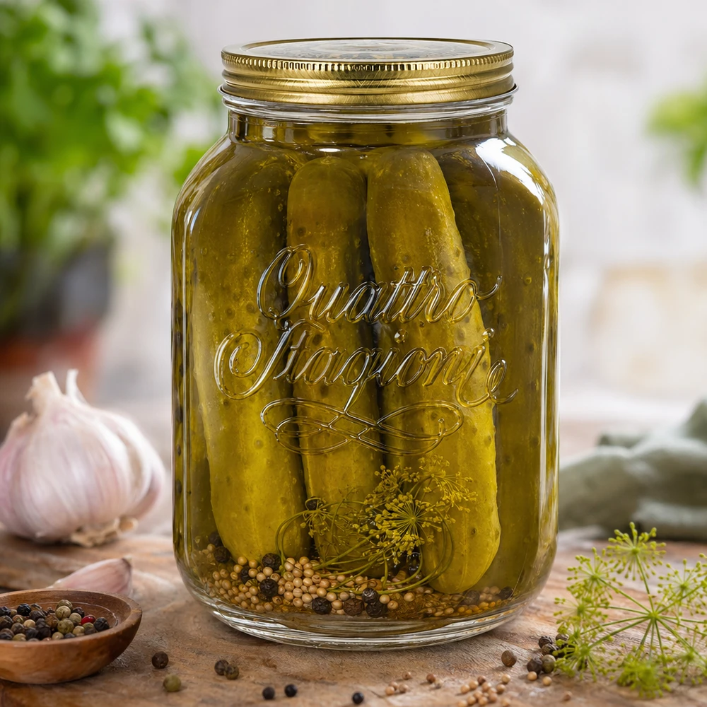 3000ml verre rond « Quattro Stagioni » avec couvercle 3000ml Quattro Stagioni bocal avec cornichons marinés épices et aneth montre une conservation parfaite