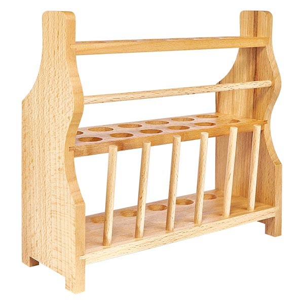 Portoirs pour tubes à essai en bois, pour tubes jusqu'à env. 18 mm Ø pour 12 tubes, avec 6 tiges