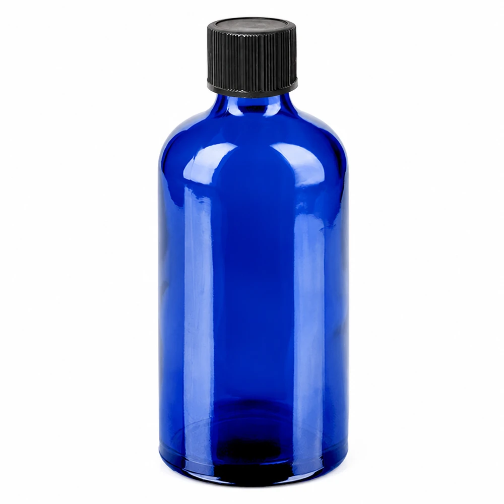Flacon compte-gouttes bleu 100ml en verre avec bouchon noir pour huiles essentielles et teintures