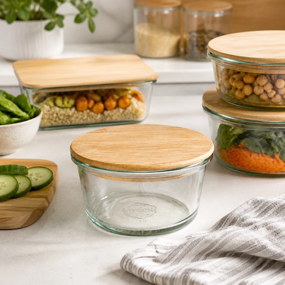 WECK Bocal gourmet 165ml RR80 dans Kit de conservation de cuisine avec d'autres bocaux à provisions et couvercles en bois pour Food Storage