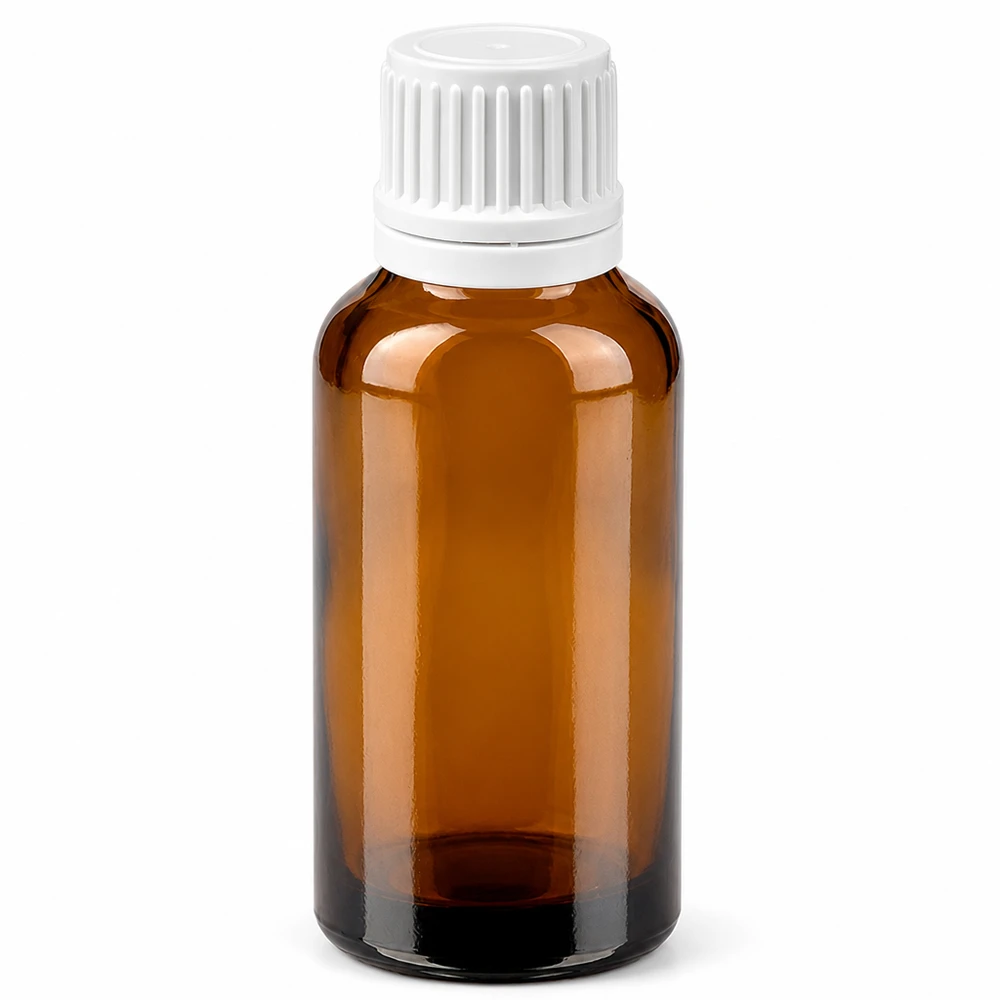 Flacon 30ml 11mm SV blanc OV BrownLine UT18/30 Flacon de pharmacie 30ml brun avec bouchon de sécurité blanc - verre de qualité supérieure