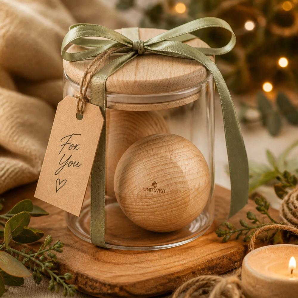 UNiTWIST Sphère en bois (hêtre) pour WECK RR80 UNiTWIST Sphère en bois hêtre WECK RR80 comme cadeau dans un verre décoré d'un ruban vert et d'un pendentif For You