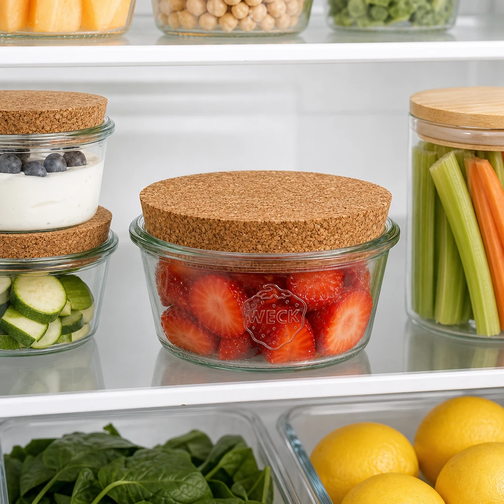 WECK Pot renversé 290ml RR100 avec couvercle en liège pour la conservation des aliments au réfrigérateur rempli de fraises