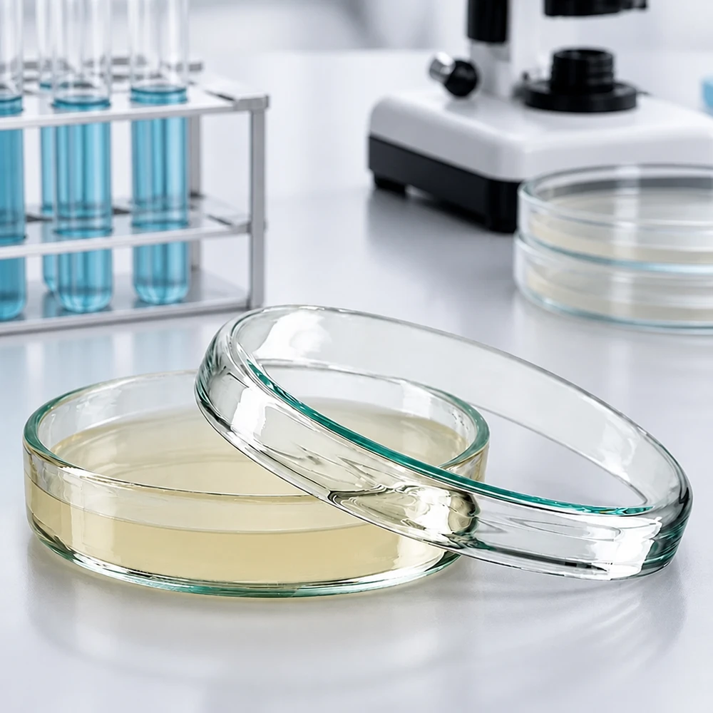 Boîte de Petri en verre 70x15 mm Boîte de Pétri de 70 x 15 mm en verre borosilicaté dans un laboratoire, avec des tubes à essai et un microscope en arrière-plan