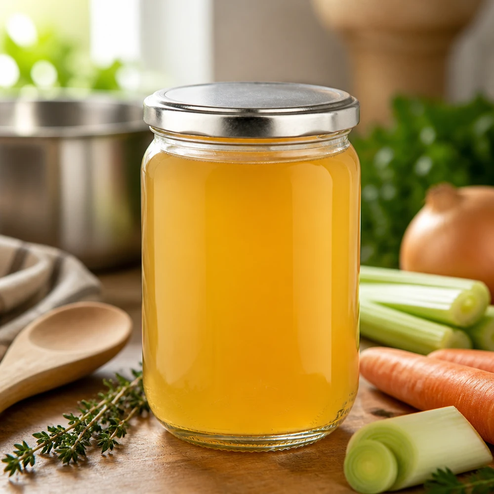 Bocal en verre 555 ml BasicSeal argenté contenant un bouillon de légumes de couleur jaune doré, à côté de carottes et de céleri
