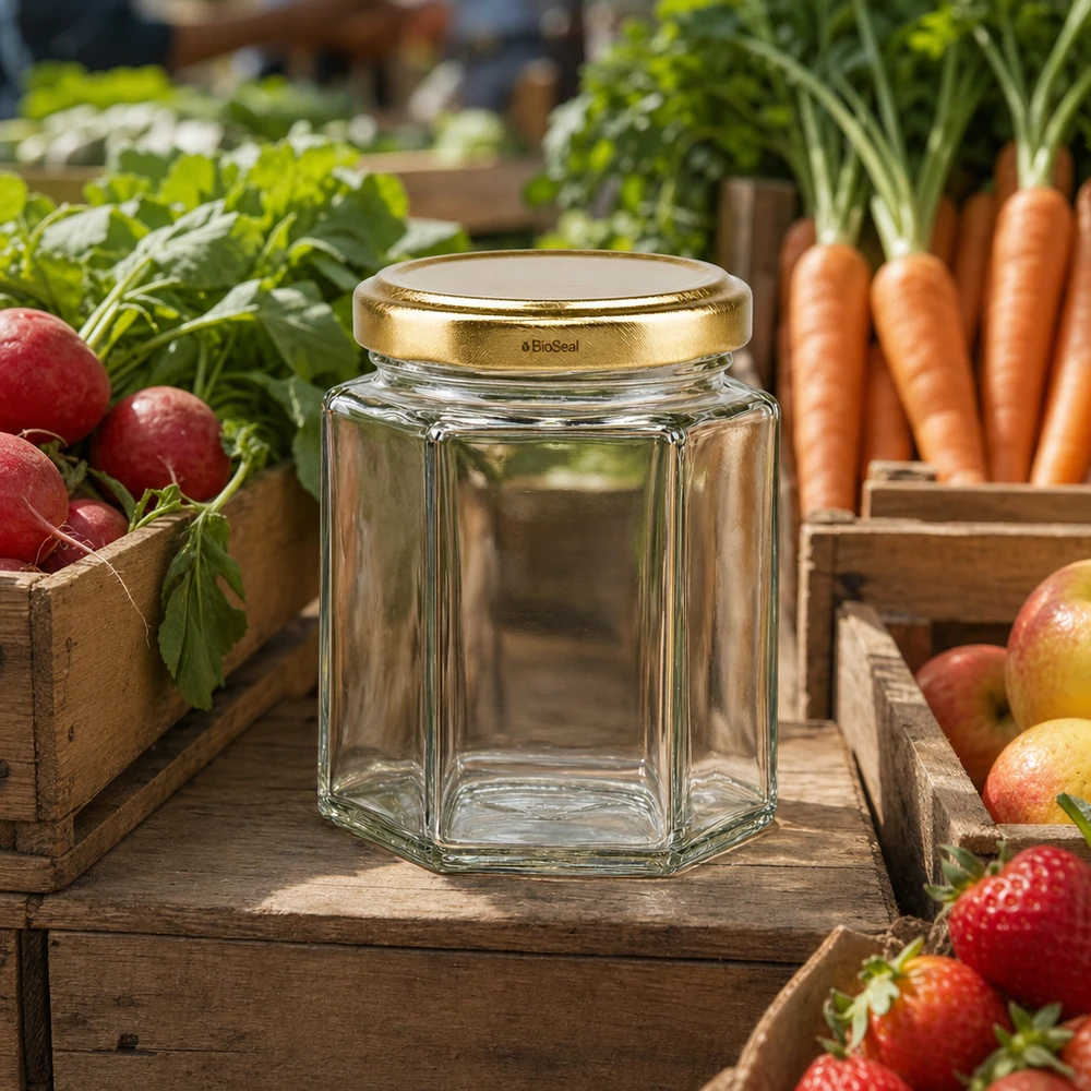 UNiTWIST Hexa196 Pot de conserve avec couvercle TO58 BioSeal doré sur étal de marché entre légumes et fruits frais