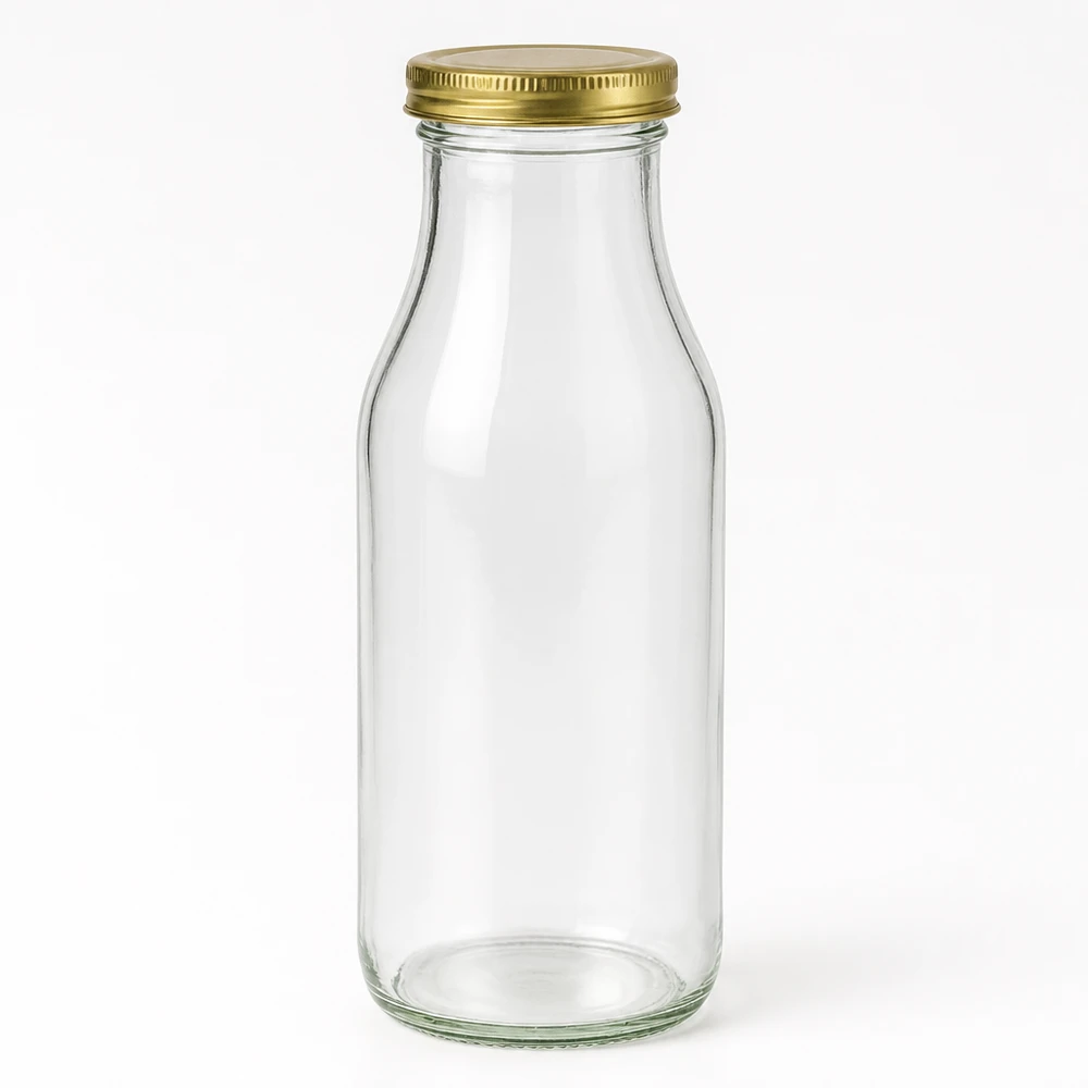 263ml Bouteille avec couvercle BioSeal or UNiTWIST Bouteille en verre vide UNiTWIST Bottle263 avec bouchon à visser doré TO43 BioSeal sur fond blanc