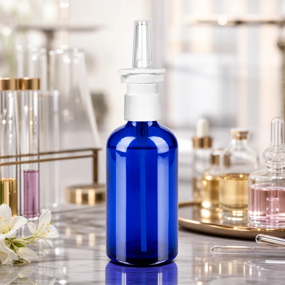 100ml flacon vaporisateur nasal blanc/tr. STD BlueLine UT18/100 Bouteille en verre de haute qualité 100ml avec filetage STD UT18/100 pour la fabrication professionnelle de spray nasal