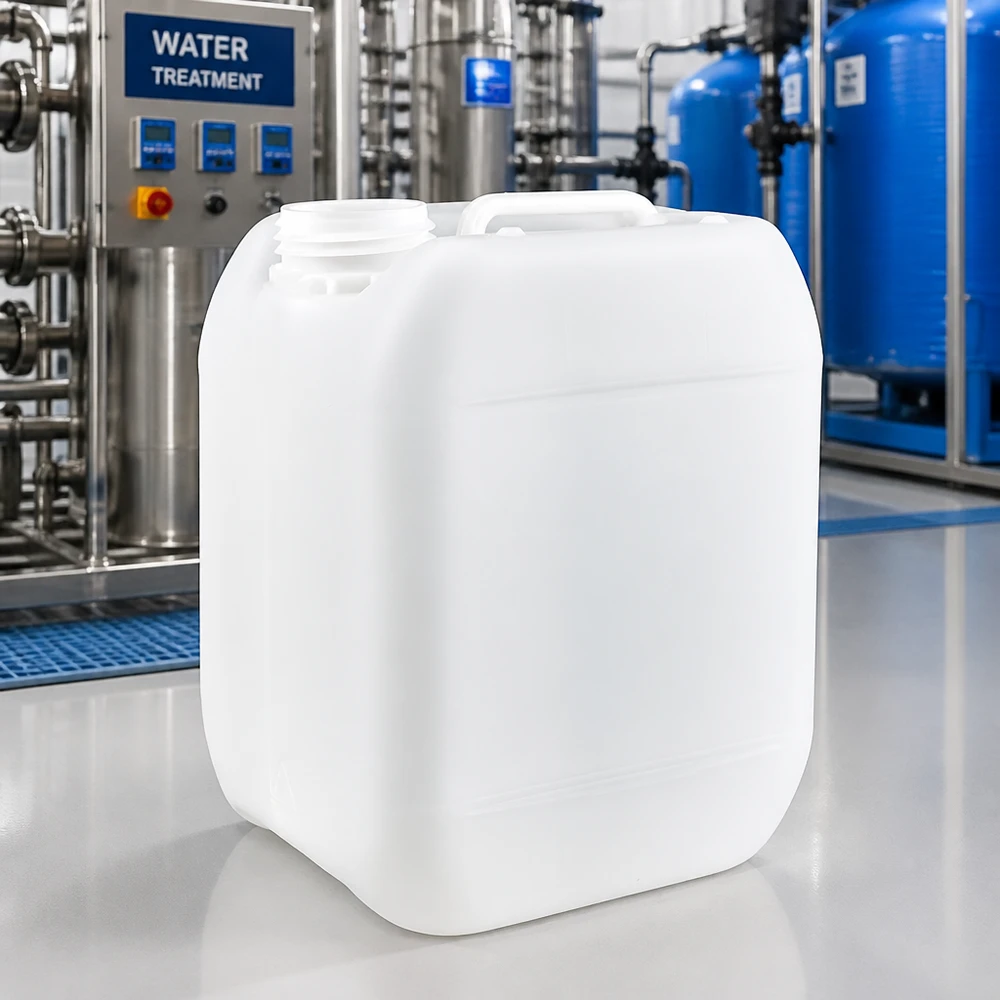 Hobbock blanc transparent de 5 litres sans couvercle, utilisé dans une station de traitement de l'eau