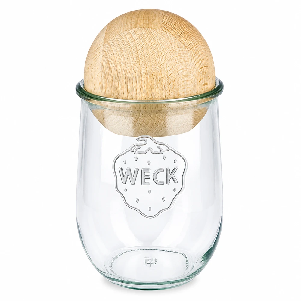 1062ml bocal tulipe WECK RR100 avec boule en bois en hêtre WECK Pot tulipe 1062ml RR100 avec boule en hêtre couvercle en bois Pot de conservation en verre recyclé