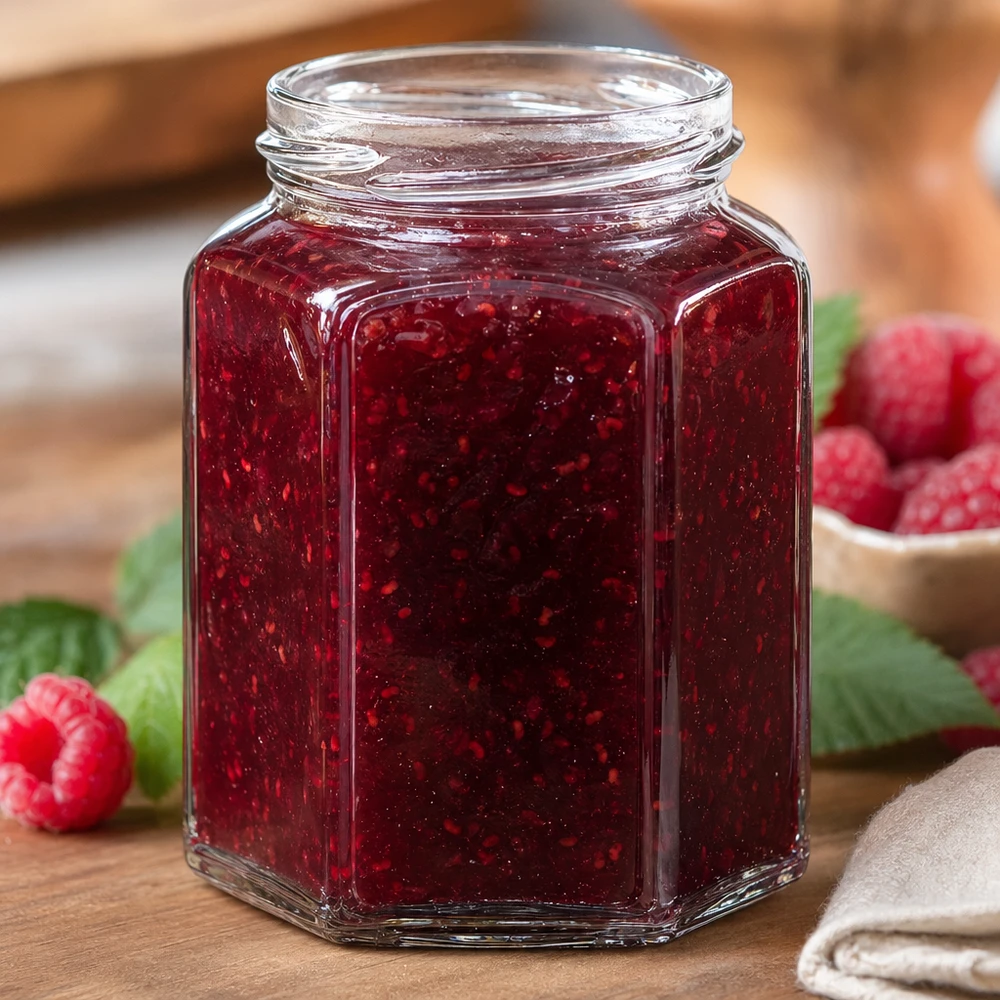 UNiTWIST Hexa288 pot de confiture hexagonal 288ml rempli de confiture de framboise rouge sur table en bois