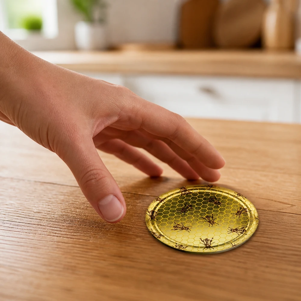 Un couvercle BasicSeal vert doré de 82 mm, orné d'abeilles imprimées, est posé dans la cuisine
