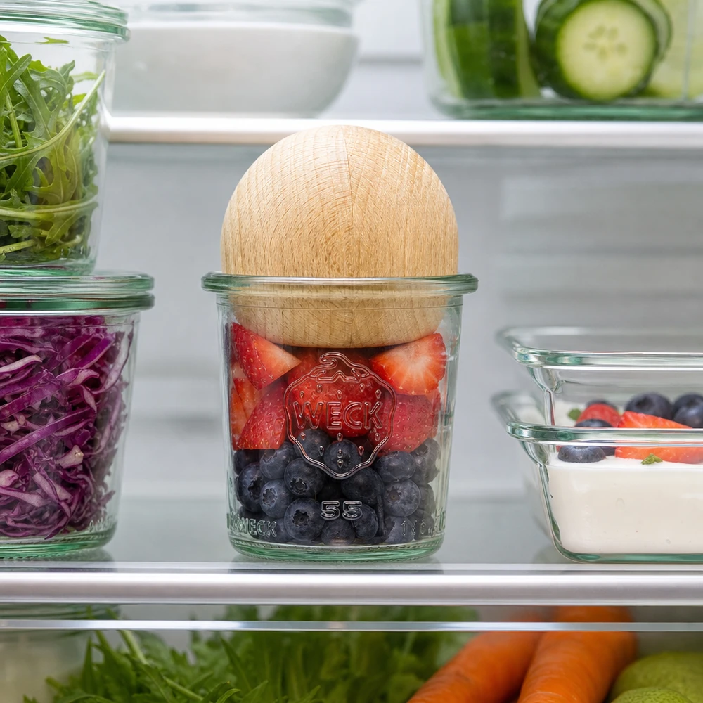 140ml bocal conique WECK RR60 avec boule en bois en hêtre WECK Pot 140ml RR60 dans le réfrigérateur rempli de baies, couvercle boule en bois de hêtre entre les aliments frais