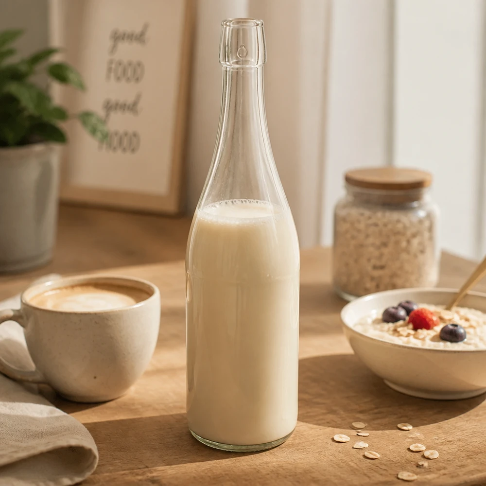 Bouteille en verre de 750 ml sans bouchon mécanique UNiTWIST 750ml UNiTWIST Bouteille en verre remplie de lait d'avoine à côté de la tasse de café Bol de céréales Table de petit déjeuner Lifestyle Scène