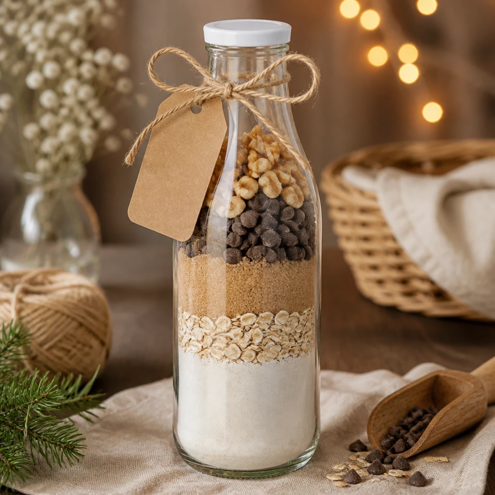1000ml Bouteille avec couvercle BasicSeal blanc UNiTWIST Bouteille en verre de 1000 ml avec couvercle blanc BasicSeal pour offrir un mélange à cuire Ingrédients pour biscuits Farine Flocons d'avoine Noix Chocolat