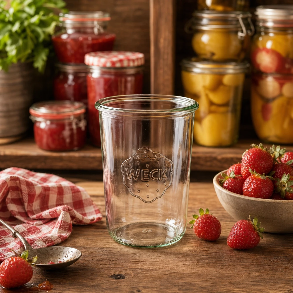 850ml bocal conique WECK RR100 850ml WECK Pot renversé RR100 Pot de conserve transparent avec logo sur table en bois à côté de fraises fraîches et de pots de confiture