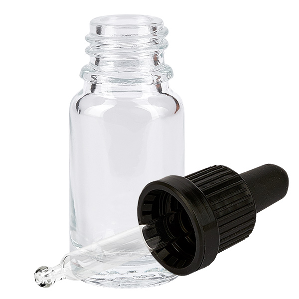 Flacon à pipette 10ml noir OV ClearLine UT18/10 Petit flacon en verre de 10 ml avec bouchon à vis noir et pipette en verre, représenté ouvert