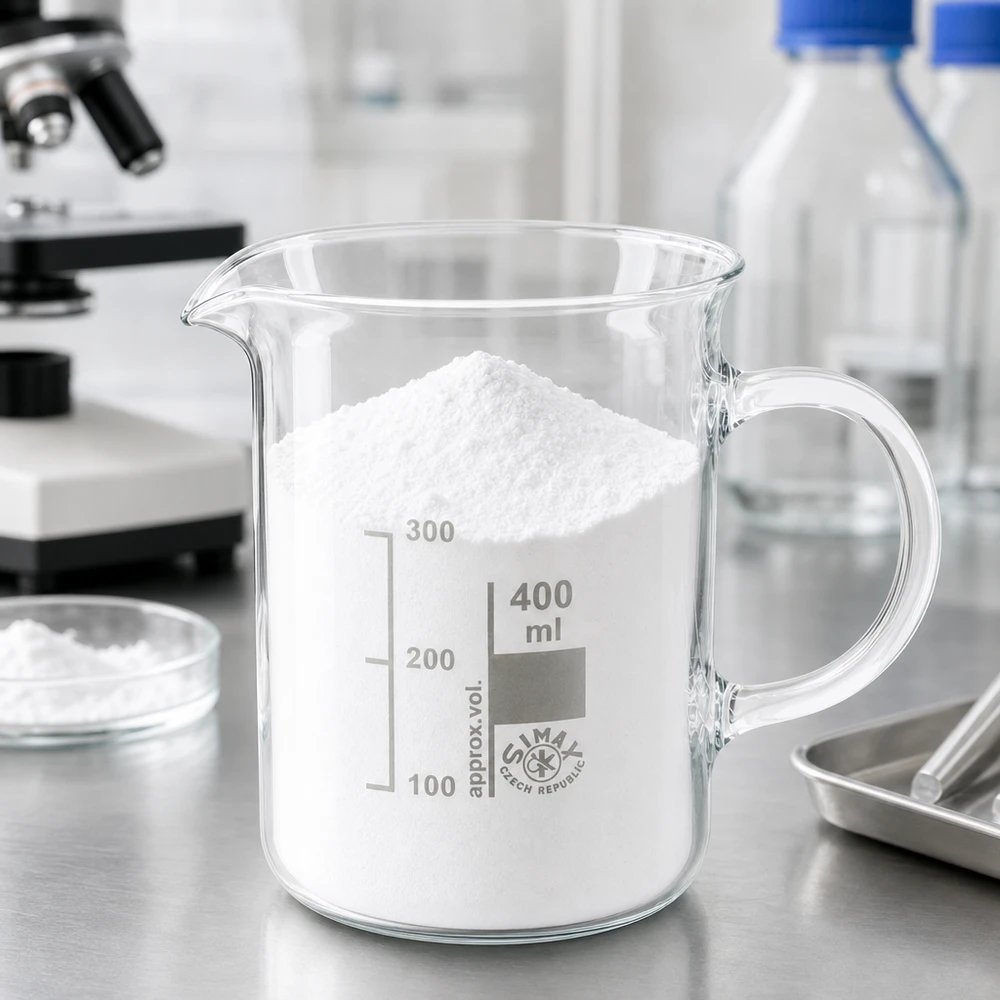 Bécher avec poignée 400ml en verre borosilicate résistant à la chaleur (forme normale) Bécher en verre de 400 ml avec anse, à côté d'un microscope et de flacons de laboratoire, posé sur une table en acier inoxydable